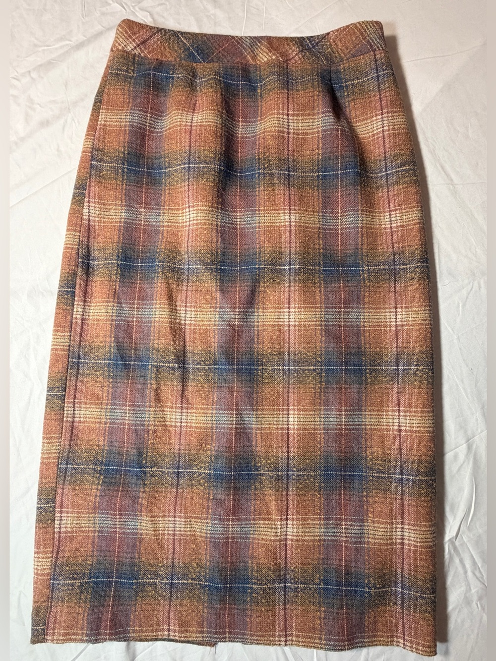 Vintage Chadwicks Plaid Midi Pencil Skirt Brown Blue Wool Blend 12T